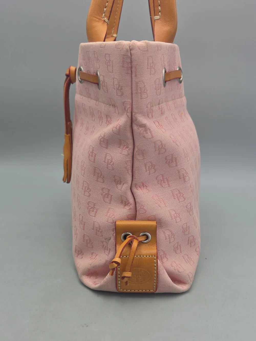 Dooney Bourke DB Monogram Drawstring Tote Canvas Leather Tassel Pink